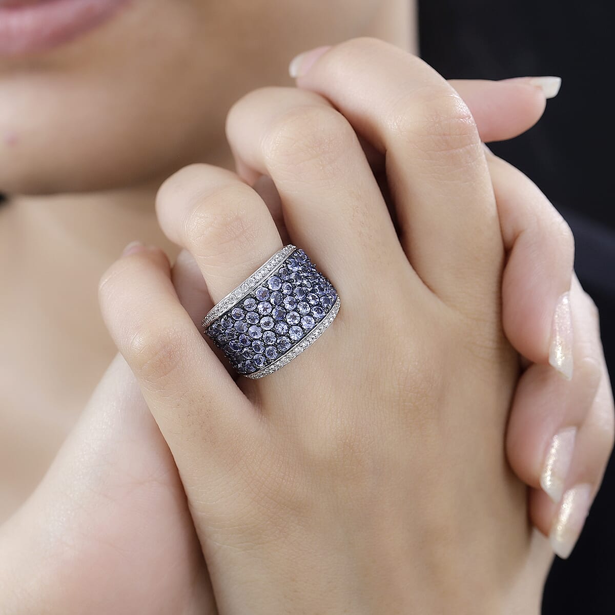 Tanzanite and White Zircon Cluster Ring in Rhodium Over Sterling Silver (Size 8.0) 4.40 ctw image number 2