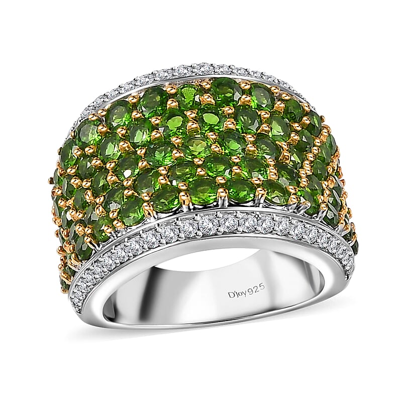 Chrome Diopside and White Zircon 4.35 ctw Cluster Ring in Rhodium Over Sterling Silver (Size 10.0)