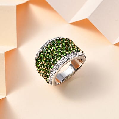 Chrome Diopside and White Zircon 4.35 ctw Cluster Ring in Rhodium Over Sterling Silver (Size 10.0)