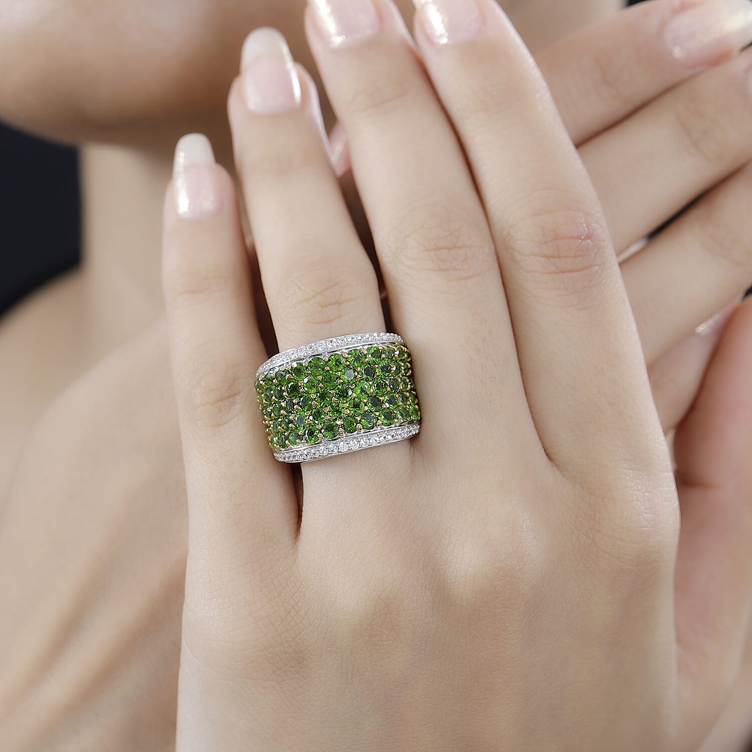 Chrome Diopside and White Zircon 4.35 ctw Cluster Ring in Rhodium Over Sterling Silver (Size 10.0)