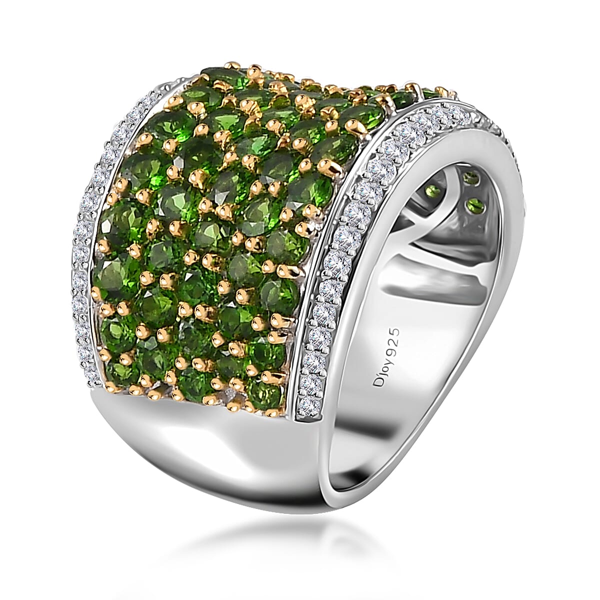 Chrome Diopside and White Zircon 4.35 ctw Cluster Ring in Rhodium Over Sterling Silver (Size 10.0)