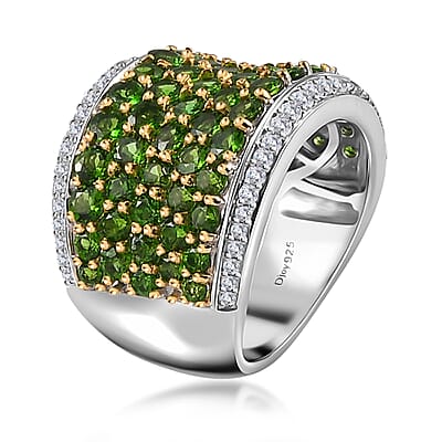 Chrome Diopside and White Zircon 4.35 ctw Cluster Ring in Rhodium Over Sterling Silver (Size 10.0)