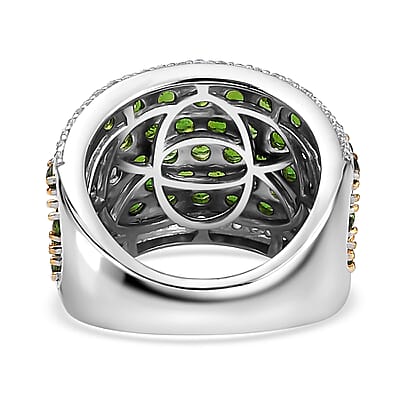 Chrome Diopside and White Zircon 4.35 ctw Cluster Ring in Rhodium Over Sterling Silver (Size 10.0)