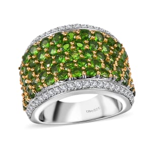 Chrome Diopside and White Zircon Cluster Ring in Rhodium Over Sterling Silver (Size 6.0) 4.35 ctw