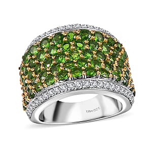 Chrome Diopside and White Zircon Cluster Ring in Rhodium Over Sterling Silver (Size 8.0) 4.35 ctw