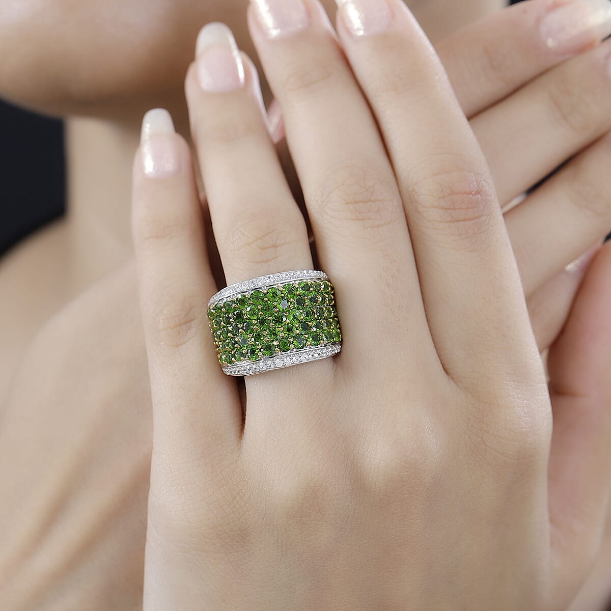 Chrome Diopside and White Zircon Cluster Ring in Rhodium Over Sterling Silver (Size 8.0) 4.35 ctw image number 2