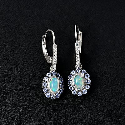 Premium Ethiopian Welo Opal and Multi Gemstone Lever Back Halo Earrings in Platinum Over Sterling Silver 1.85 ctw