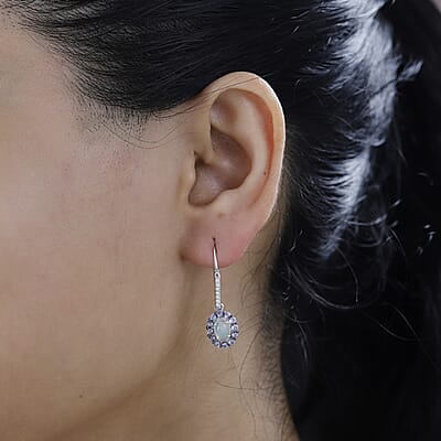 Premium Ethiopian Welo Opal and Multi Gemstone Lever Back Halo Earrings in Platinum Over Sterling Silver 1.85 ctw