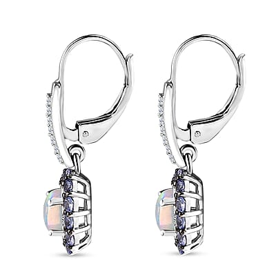 Premium Ethiopian Welo Opal and Multi Gemstone Lever Back Halo Earrings in Platinum Over Sterling Silver 1.85 ctw