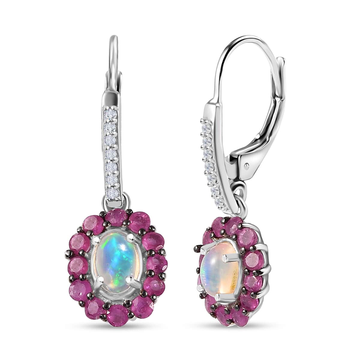 Premium Ethiopian Welo Opal and Multi Gemstone Lever Back Halo Earrings in Platinum Over Sterling Silver 1.90 ctw image number 0