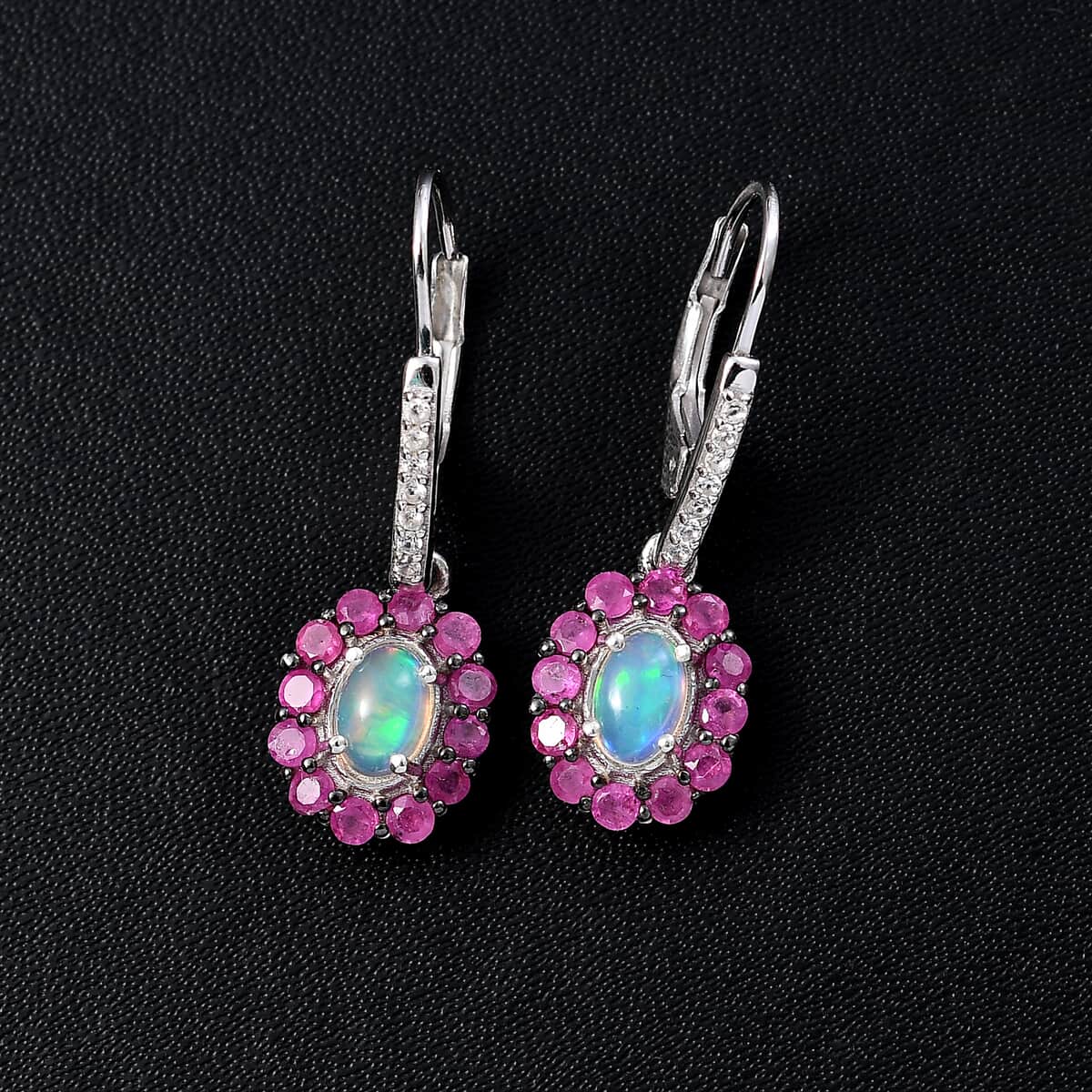 Premium Ethiopian Welo Opal and Multi Gemstone Lever Back Halo Earrings in Platinum Over Sterling Silver 1.90 ctw image number 1