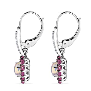 Premium Ethiopian Welo Opal and Multi Gemstone Lever Back Halo Earrings in Platinum Over Sterling Silver 1.90 ctw