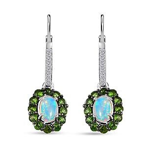 Premium Ethiopian Welo Opal and Multi Gemstone Lever Back Halo Earrings in Platinum Over Sterling Silver 1.75 ctw