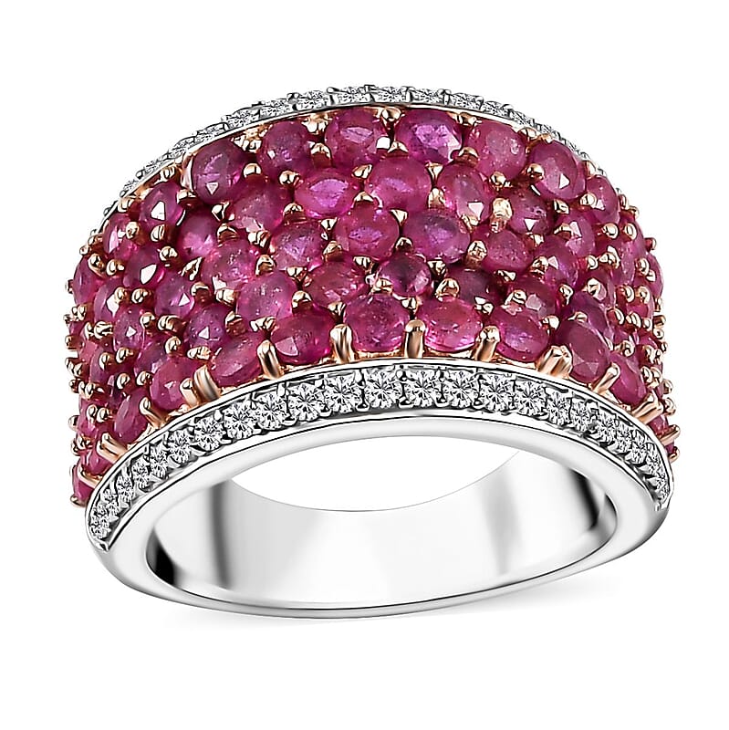 Niassa Ruby (FF) and White Zircon Cluster Ring in 14K RG and Rhodium Over Sterling Silver (Size 10.0) 5.75 ctw