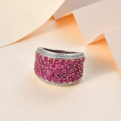Niassa Ruby (FF) and White Zircon Cluster Ring in 14K RG and Rhodium Over Sterling Silver (Size 10.0) 5.75 ctw
