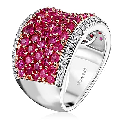 Niassa Ruby (FF) and White Zircon Cluster Ring in 14K RG and Rhodium Over Sterling Silver (Size 10.0) 5.75 ctw
