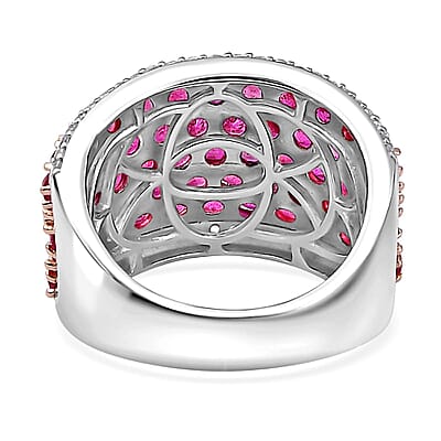 Niassa Ruby (FF) and White Zircon Cluster Ring in 14K RG and Rhodium Over Sterling Silver (Size 10.0) 5.75 ctw