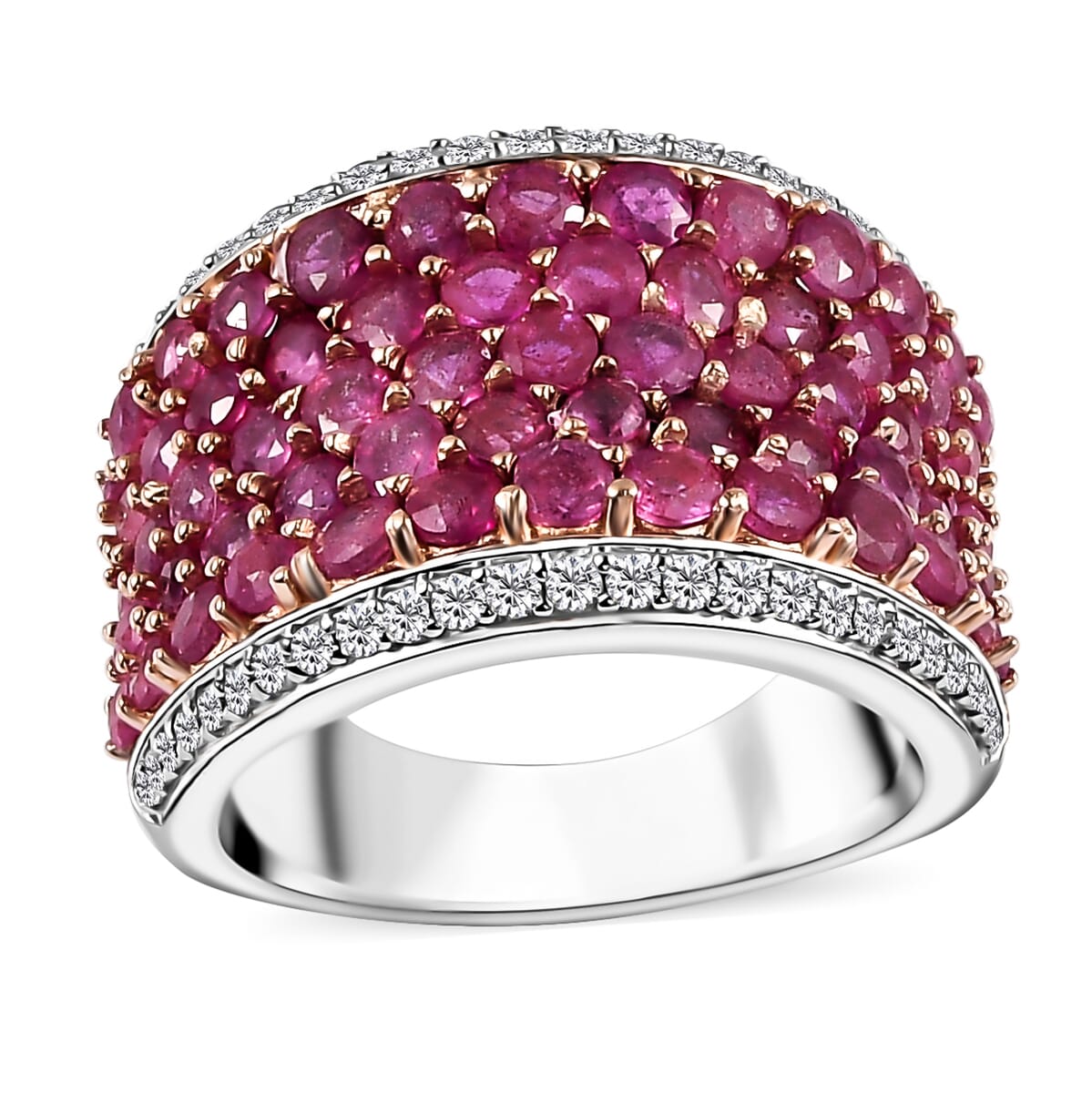 Niassa Ruby (FF) and White Zircon Cluster Ring in 14K RG and Rhodium Over Sterling Silver (Size 7.0) 5.75 ctw image number 0