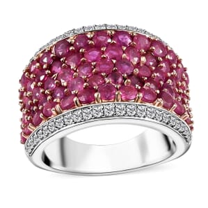 Niassa Ruby (FF) and White Zircon Cluster Ring in 14K RG and Rhodium Over Sterling Silver (Size 7.0) 5.75 ctw