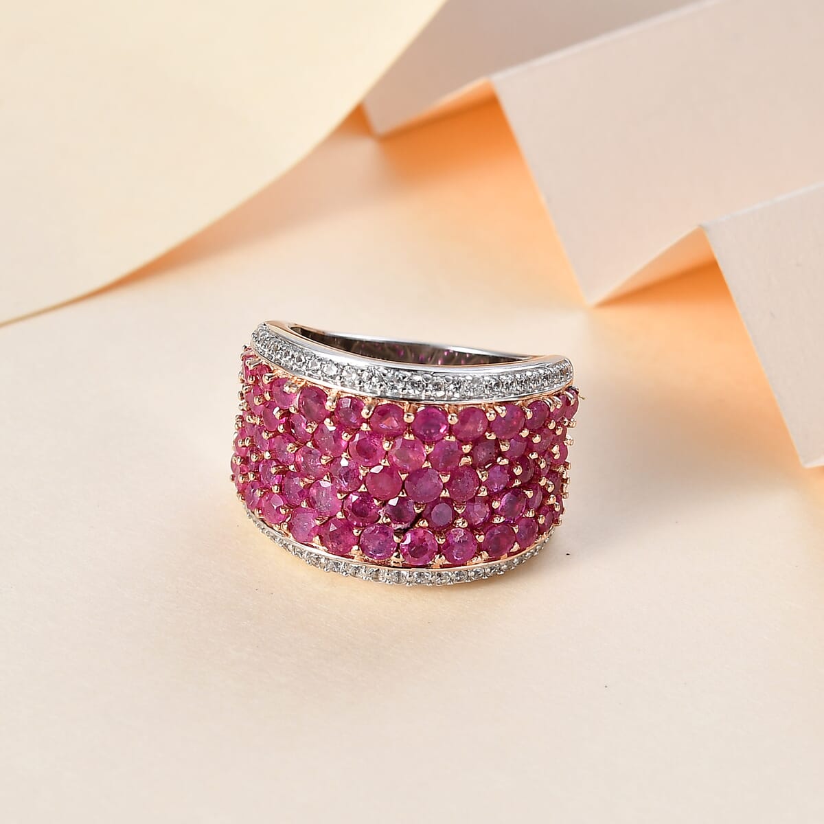 Niassa Ruby (FF) and White Zircon Cluster Ring in 14K RG and Rhodium Over Sterling Silver (Size 7.0) 5.75 ctw image number 1