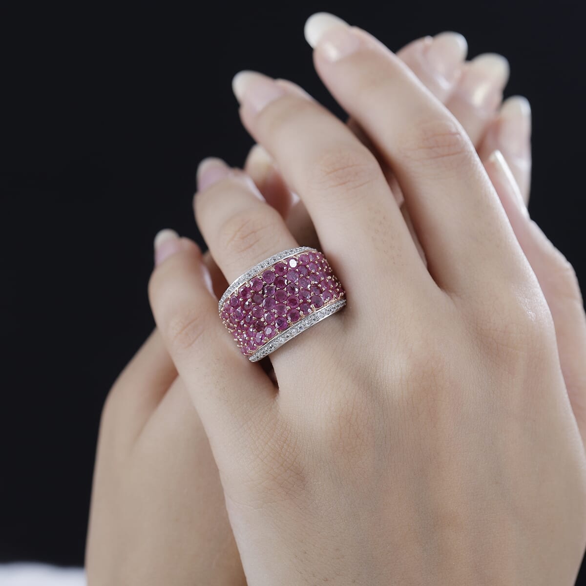 Niassa Ruby (FF) and White Zircon Cluster Ring in 14K RG and Rhodium Over Sterling Silver (Size 7.0) 5.75 ctw image number 2