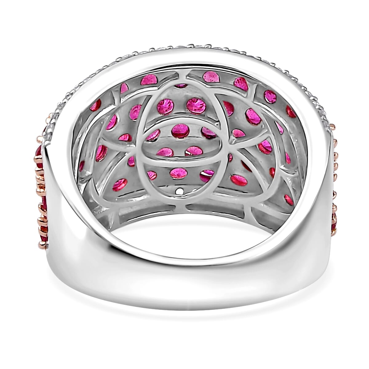 Niassa Ruby (FF) and White Zircon Cluster Ring in 14K RG and Rhodium Over Sterling Silver (Size 7.0) 5.75 ctw image number 4