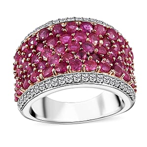 Niassa Ruby (FF) and White Zircon Cluster Ring in 14K RG and Rhodium Over Sterling Silver (Size 8.0) 5.75 ctw