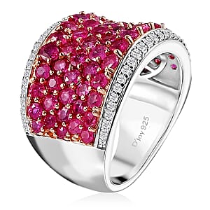 Niassa Ruby (FF) and White Zircon Cluster Ring in 14K RG and Rhodium Over Sterling Silver (Size 8.0) 5.75 ctw