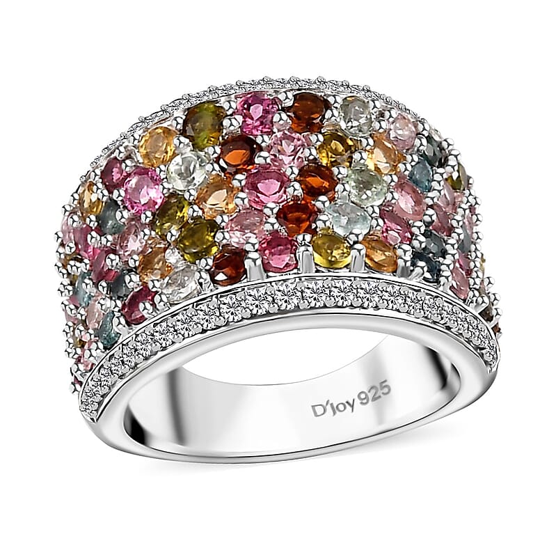 D'Joy Multi-Tourmaline and White Zircon Ring in Rhodium Over Sterling Silver (Size 10.0) 4.20 ctw