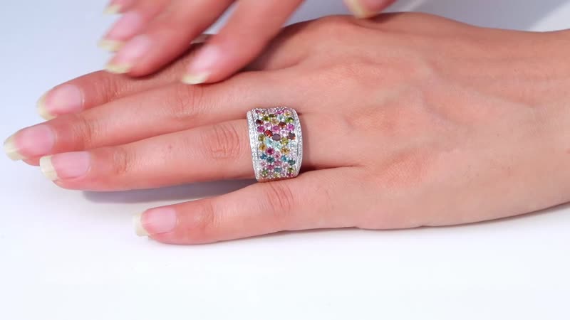 Multi-Tourmaline, White Zircon Ring in Rhodium Over Sterling Silver (Size 10.0) 4.20 ctw