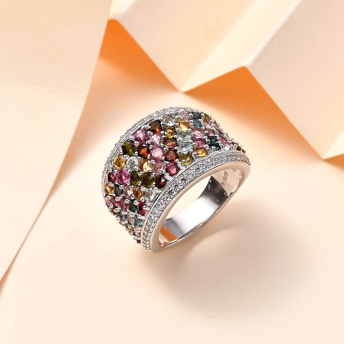 Multi-Tourmaline, White Zircon Ring in Rhodium Over Sterling Silver (Size 10.0) 4.20 ctw image number 1