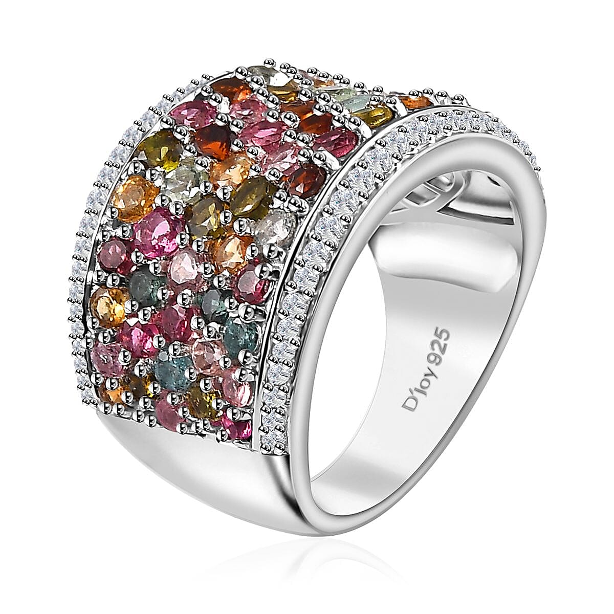 D'Joy Multi-Tourmaline and White Zircon Ring in Rhodium Over Sterling Silver (Size 10.0) 4.20 ctw