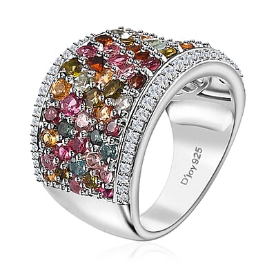 D'Joy Multi-Tourmaline and White Zircon Ring in Rhodium Over Sterling Silver (Size 10.0) 4.20 ctw