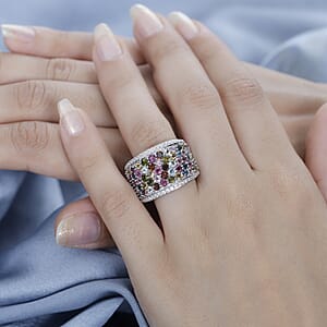 Multi-Tourmaline and White Zircon Ring in Rhodium Over Sterling Silver (Size 7.0) 4.20 ctw