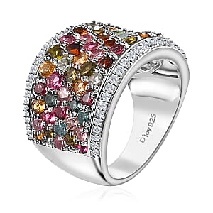 Multi-Tourmaline and White Zircon Ring in Rhodium Over Sterling Silver (Size 7.0) 4.20 ctw