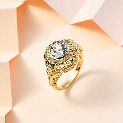 AAA Mangoro Aquamarine and Moissanite Ring in 18K Vermeil Yellow Gold Over Sterling Silver (Size 10.0) 1.75 ctw