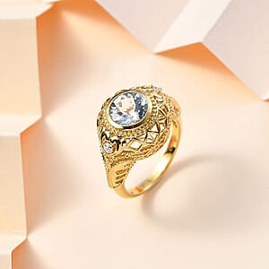 D'Joy AAA Mangoro Aquamarine and Moissanite Ring in 18K Vermeil Yellow Gold Over Sterling Silver (Size 8.0) 1.75 ctw
