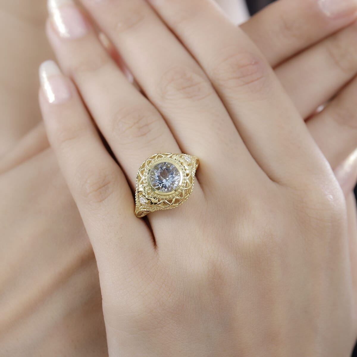 AAA Mangoro Aquamarine and Moissanite Ring in 18K Vermeil Yellow Gold Over Sterling Silver (Size 9.0) 1.75 ctw image number 2