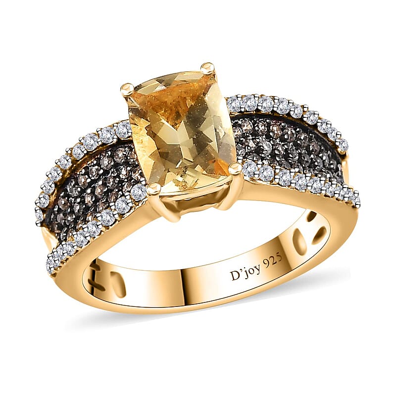 Brazilian Sunfire Beryl, Brown and White Zircon Ring in Vermeil Yellow Gold Over Sterling Silver (Size 10.0) 2.00 ctw