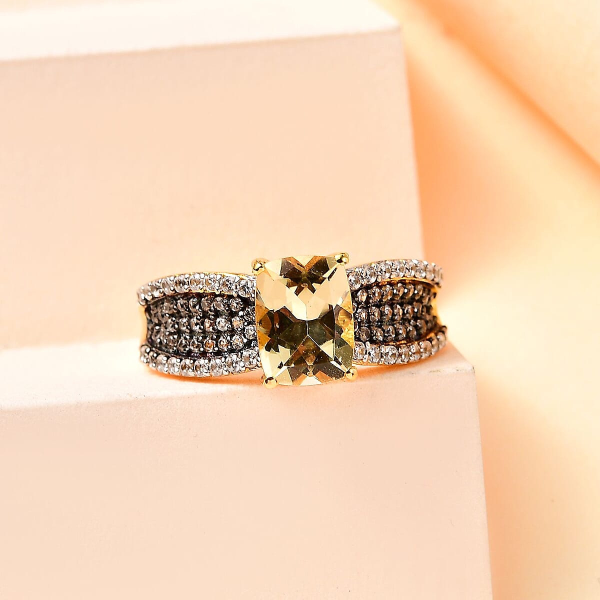Sunfire Beryl, Brown and White Zircon Ring in Vermeil YG Over Sterling Silver (Size 10.0) 2.00 ctw image number 1