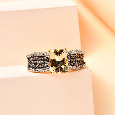 Brazilian Sunfire Beryl, Brown and White Zircon Ring in Vermeil Yellow Gold Over Sterling Silver (Size 10.0) 2.00 ctw