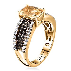 Brazilian Sunfire Beryl, Brown and White Zircon Ring in Vermeil Yellow Gold Over Sterling Silver (Size 8.0) 2.00 ctw