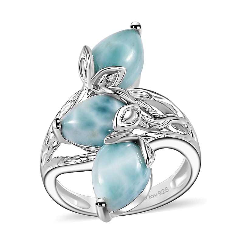 D'Joy Premium Larimar 6.35 ctw Sea Blossom Ring in Rhodium Over Sterling Silver (Size 10.0)