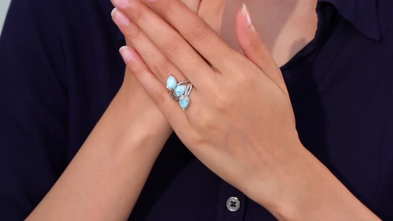 Premium Larimar 3 Stone Ring in Rhodium Over Sterling Silver (Size 10.0) 6.50 ctw