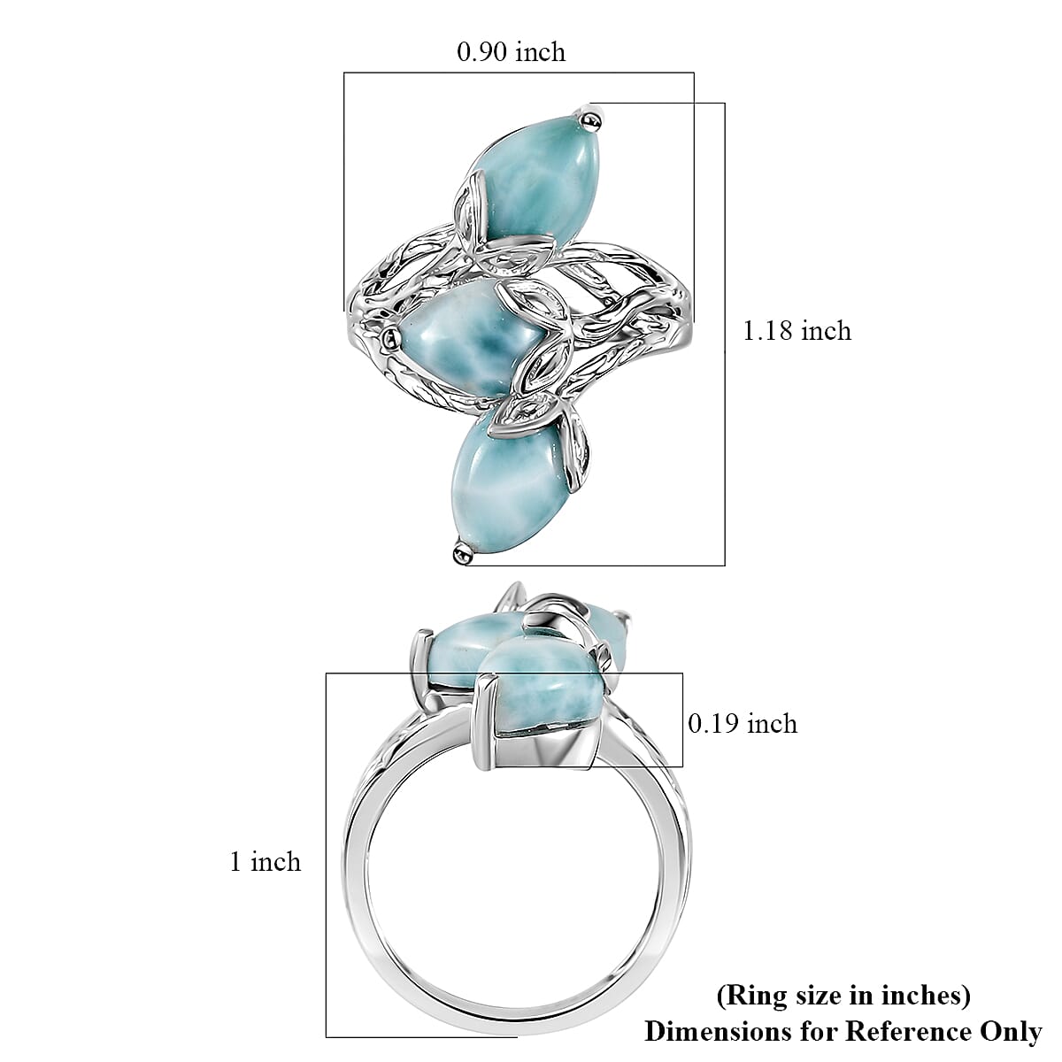 D'Joy Premium Larimar 6.35 ctw Sea Blossom Ring in Rhodium Over Sterling Silver (Size 10.0)