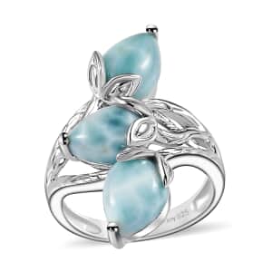 Larimar 3 Stone Ring in Rhodium Over Sterling Silver (Size 5.0) 6.50 ctw