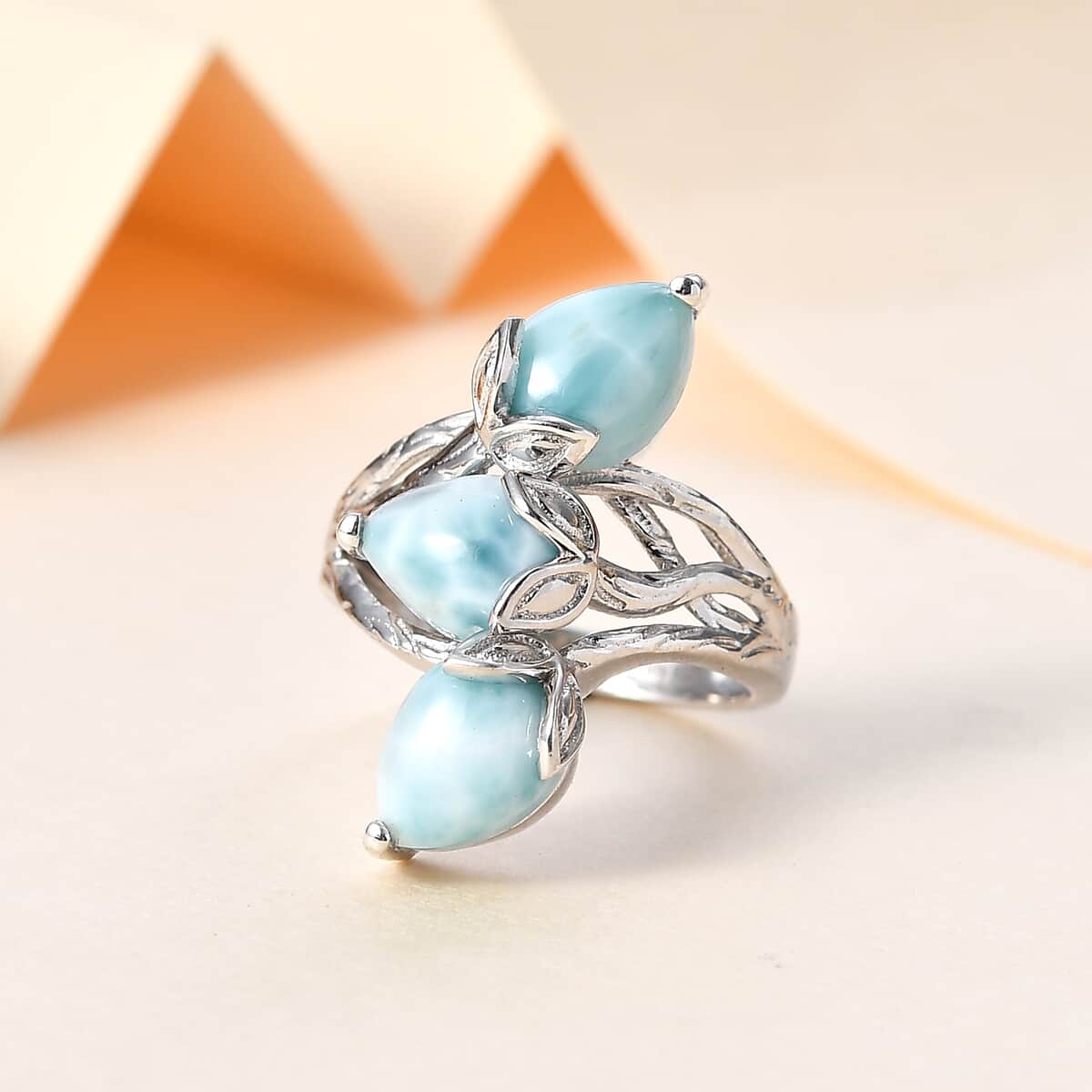 Larimar 3 Stone Ring in Rhodium Over Sterling Silver (Size 5.0) 6.50 ctw image number 1