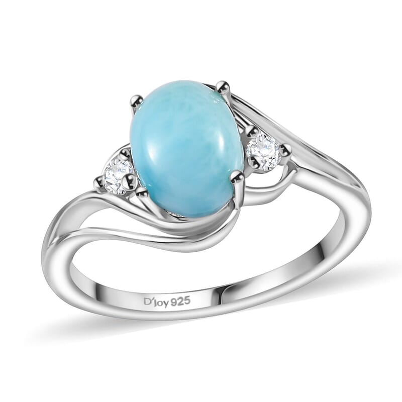 Larimar and Moissanite Ring in Rhodium Over Sterling Silver (Size 10.0) 1.65 ctw