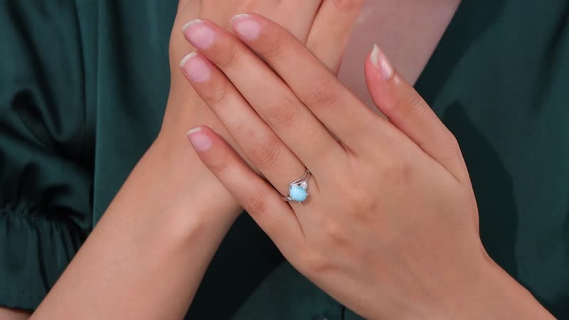 Premium Larimar, Moissanite Ring in Rhodium Over Sterling Silver (Size 6.0) 1.65 ctw
