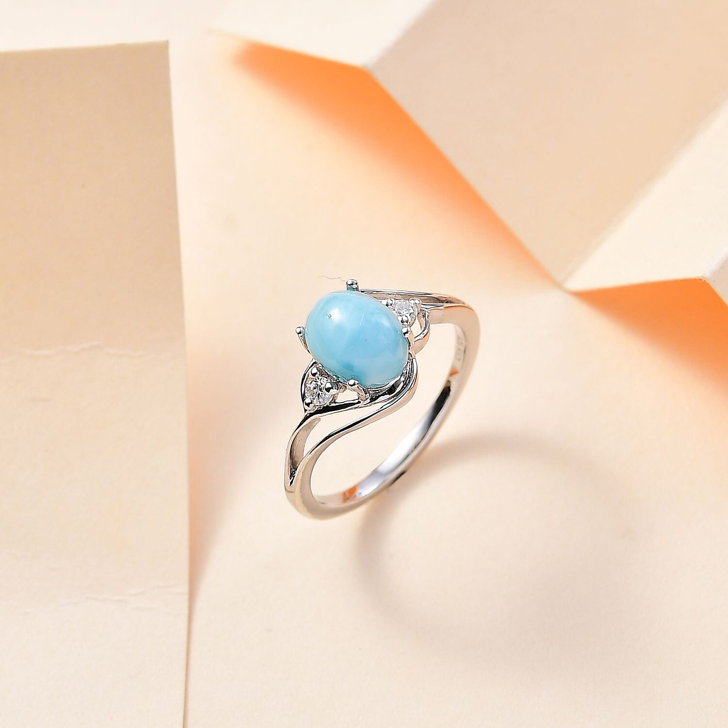 Larimar and Moissanite Ring in Rhodium Over Sterling Silver (Size 10.0) 1.65 ctw